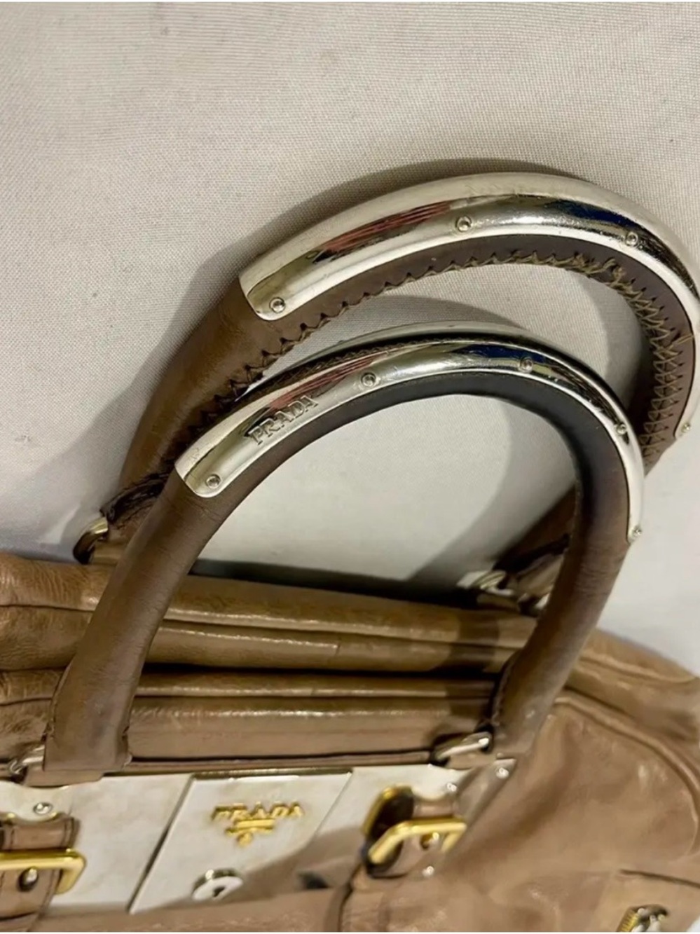 Prada Vintage Tan Leather Handbag With Gold/Brass Padlock Hardware - Picture 8 of 10